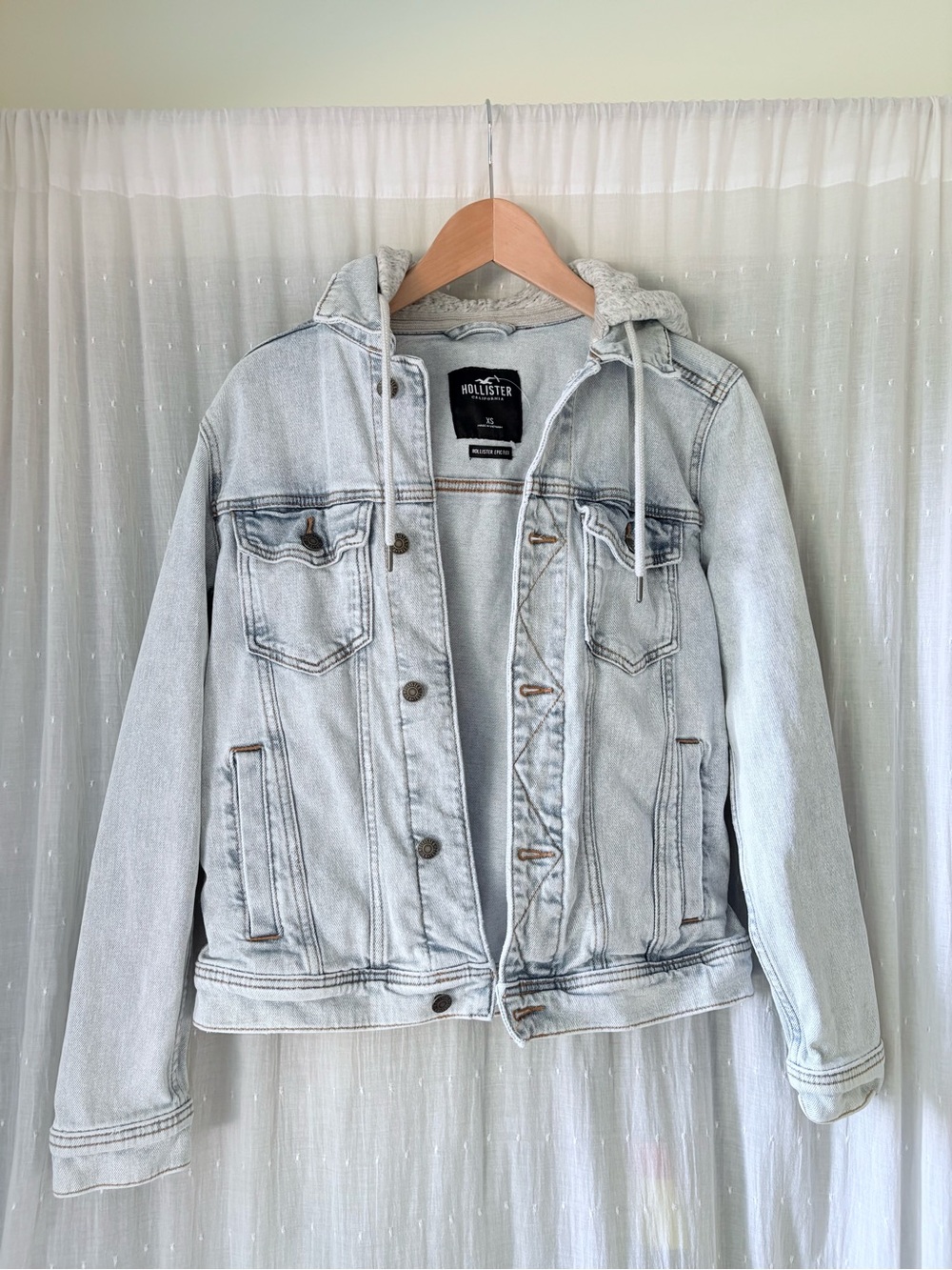 Hollister Light Blue Denim Jacket with Gray Hood